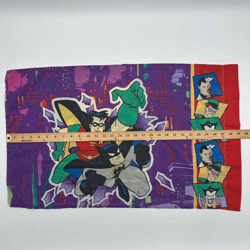 Vintage 1995 Batman and Robin Pillowcase DC Comics Joker Two-Face Riddler Purple - Picture 5 of 8